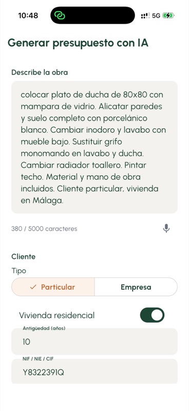 Captura de Hobra generando un presupuesto a partir de una nota de voz